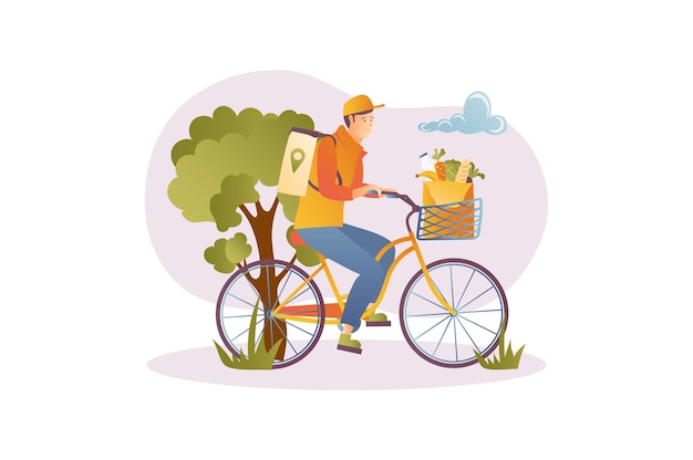 Food delivery concept with people scene in the flat cartoon style Courier delivers food to customers