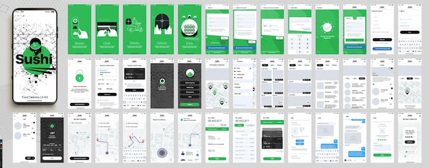 Vector food delivery. design of the mobile application, ui, ux. set of gui screens