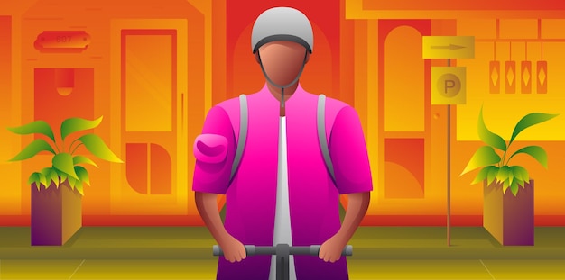 Food delivery man illustration. Delivery men carry food in hot boxes and ride scooters through store