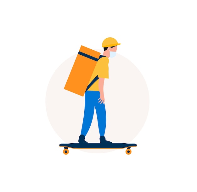 Food delivery man on longboard Courier with eat bag on skateboard Graphic for delivery service Vector illustration