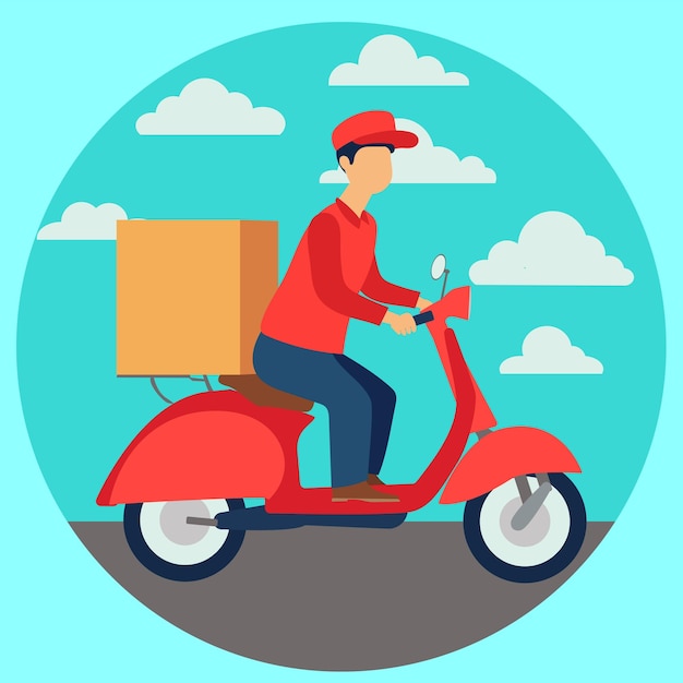 Food delivery man riding a red scooter vector illustration EPS 10