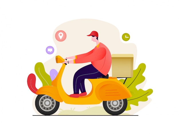 Food Delivery man riding scooter cartoon character illustration