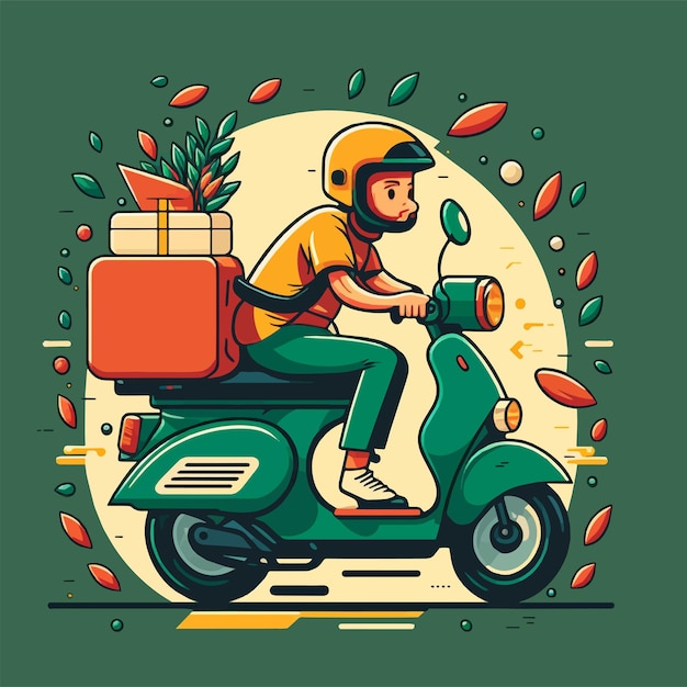 Food Delivery man riding scooter motorcycle illustration flat style vector