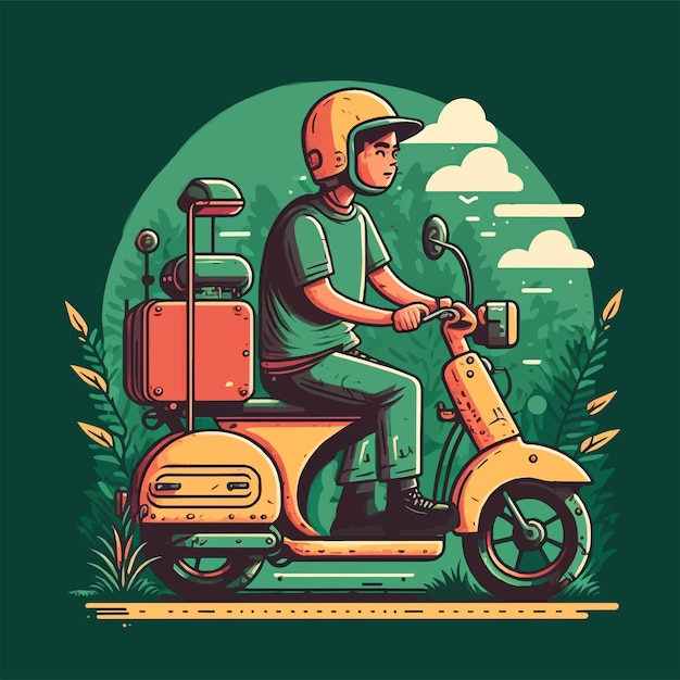 Food Delivery man riding scooter motorcycle illustration flat style vector