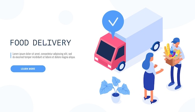 Food delivery service concept. Deliveryman gives the box with food to the female client.