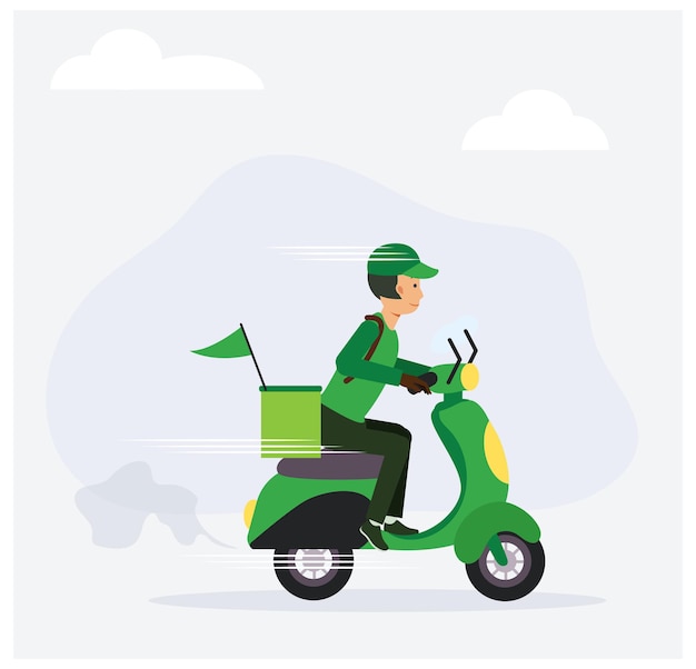 Food delivery service concept ,Male Driver Riding Scooters To Delivery Food.