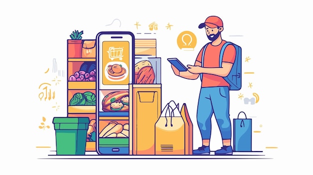 Food Delivery Service Concept with Male Courier Delivering Orders