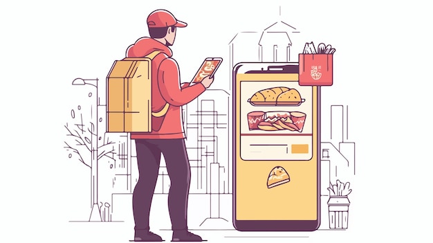 Vector food delivery service concept with male courier delivering orders