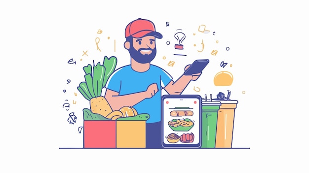 Food Delivery Service Concept with Male Courier Delivering Orders