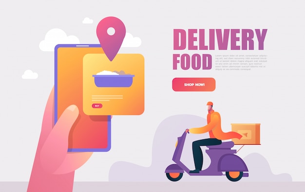 Food delivery service. Mobile application. Young male courier with a large backpack riding a motor bike. Flat editable illustration, clip art.