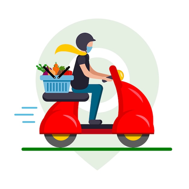 Food delivery of vegetables on a red moped, motorcycle through the application on the phone