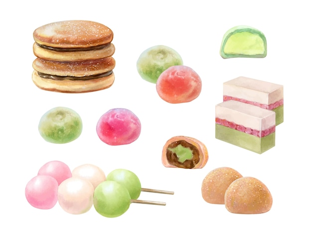 Food dessert dorayaki dango yokan daifuku watercolor illustration