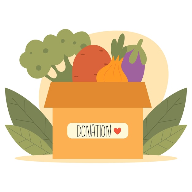 Food donation concept Cardboard box full of fresh organic vegetables Bio concept Flat Vector illustrationxD