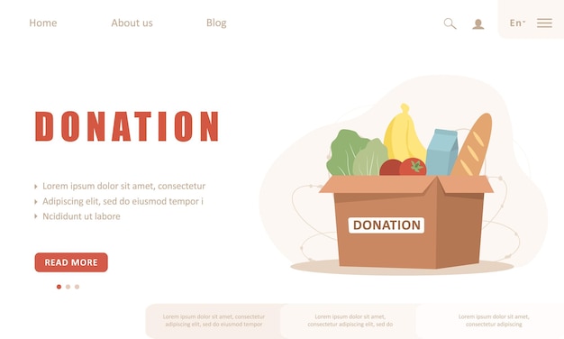 Food donation landing page template Cardboard box full of different products Volunteering and social care concept Support for poor people Vector illustration in flat cartoon style