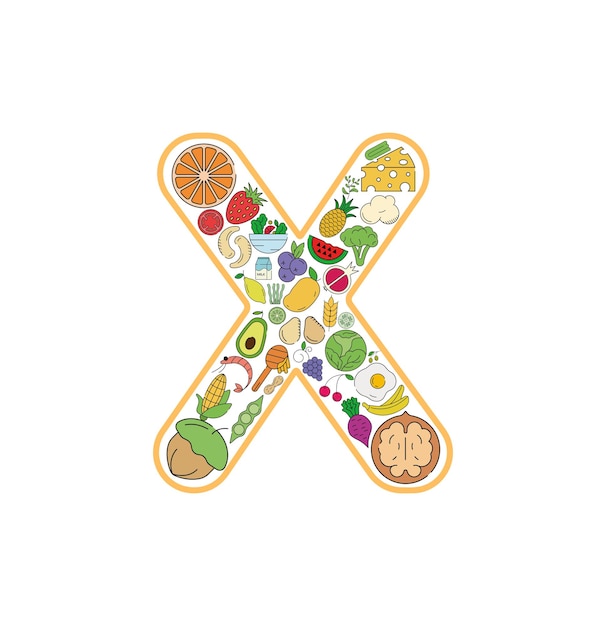 Food and drink collage design from letter X. Vector set of essential allergens