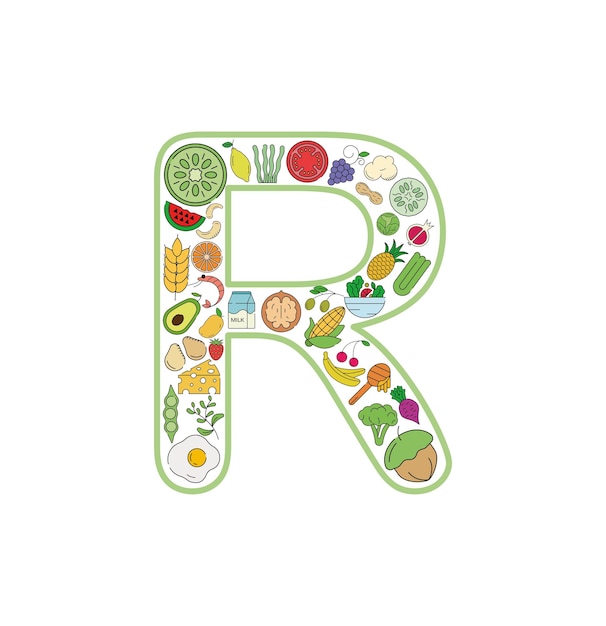 Food and drink collage icon set from letter R. Vector set of essential allergens and diet line icons