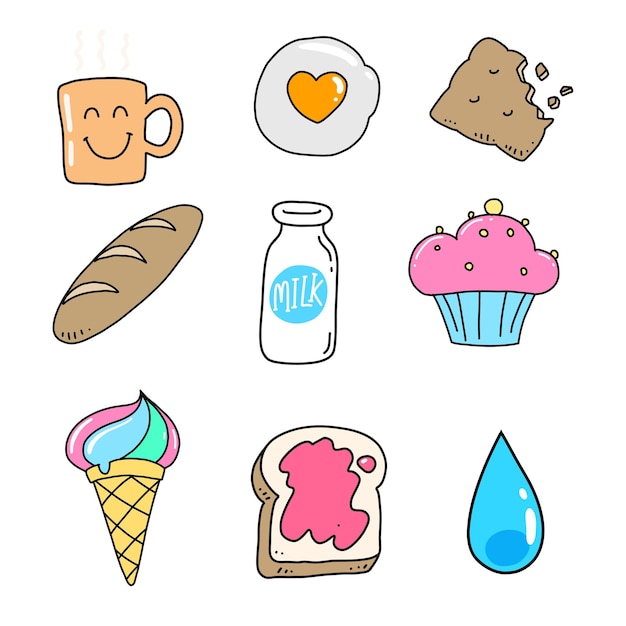 Food and drink drawing cute colorful doodle illustration on white background