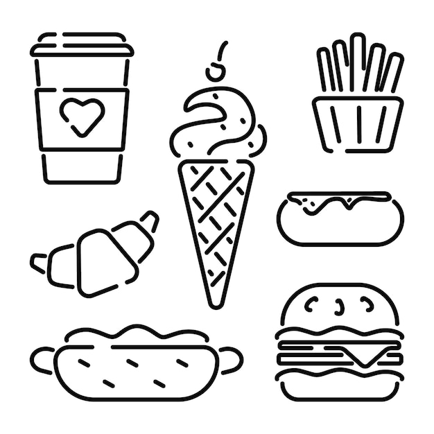 food and drink icons, fast food icons set, ice cream icon, burger, coffee icon, tea, donut, french