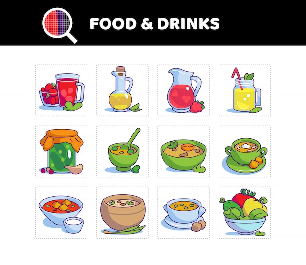 Food and drink set. Colored symbol. Tomato soup, busy day soup, compote, lemonade.