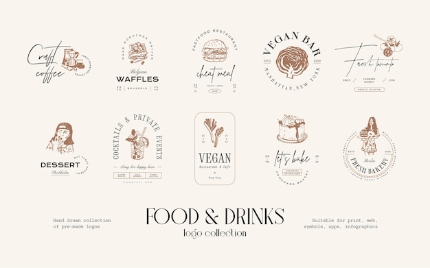 Food and drinks hand drawn logo design collection for brand identity or packaging