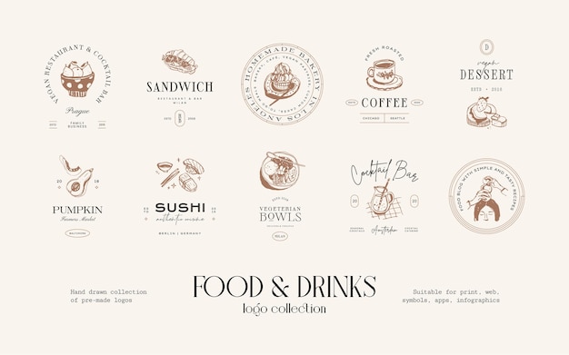 Food and drinks hand drawn logo design collection for brand identity or packaging