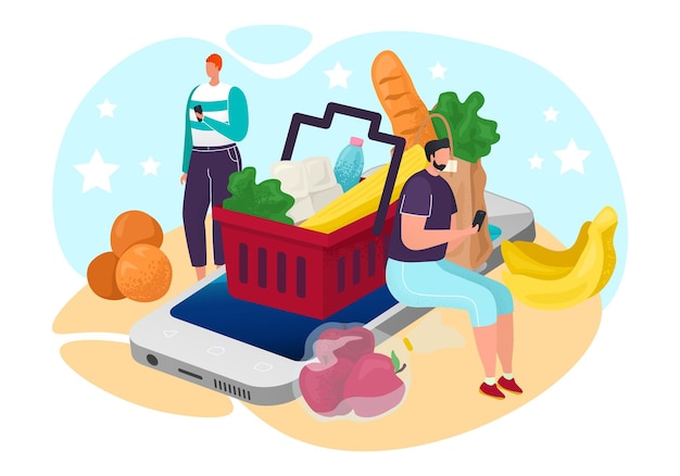 Food from online grocery, vector illustration. Internet shop for man character sitting at smartphone screen, order service from store. Product in market basket, delivery for customer.