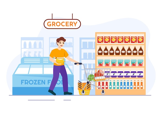 Food Grocery Store Shopping Illustration with Foods Items and Product Assortiment on the Supermarket