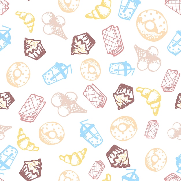 Food handdrawn sketch line icons seamless pattern on white background