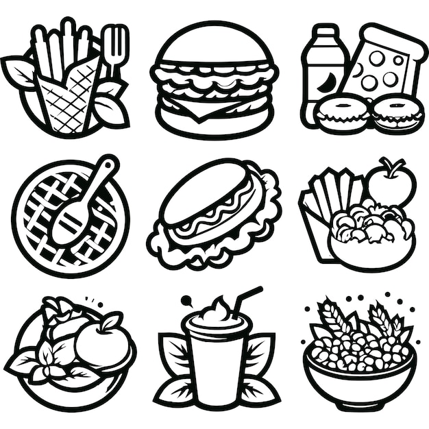 Food icons set Collection vector black outline logo