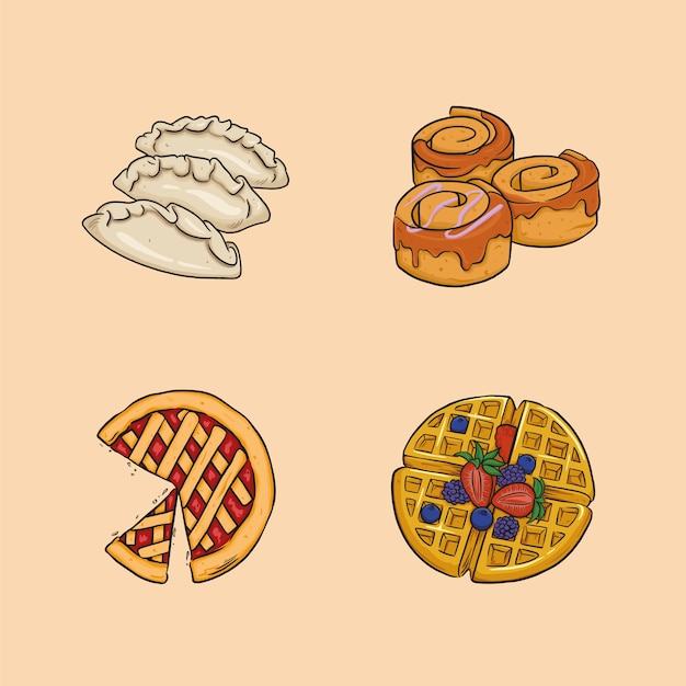 Food includes Dumpling, Cinnamon Roll, Pie, and Waffle.