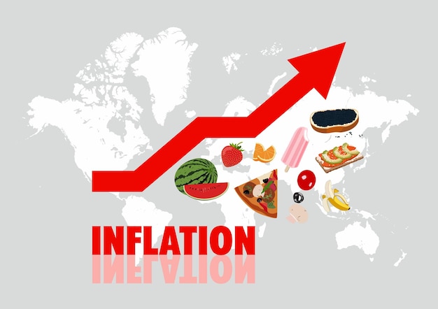 Food inflation and crisis going up World map Red arrow Vegetables fruits and other products