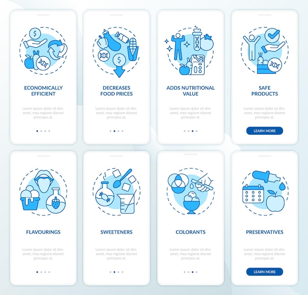 Food issues blue onboarding mobile app screen set