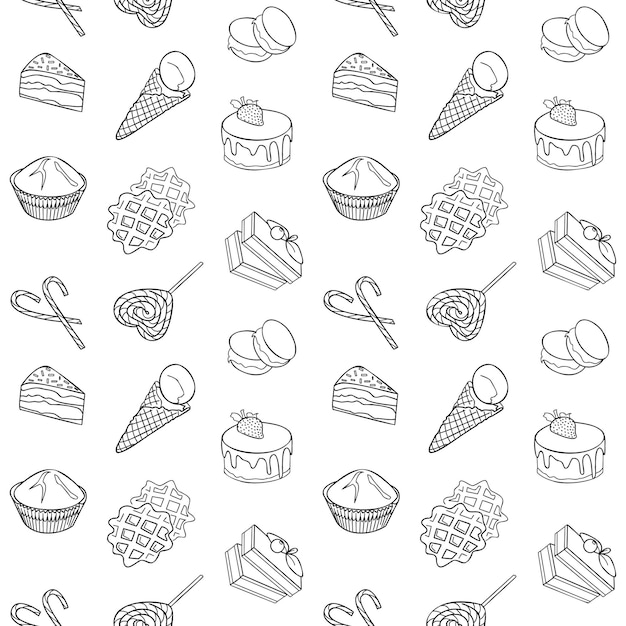 Food item doodle hand drawn seamless pattern candy cane cupcake macaroon icecream pie kitchen