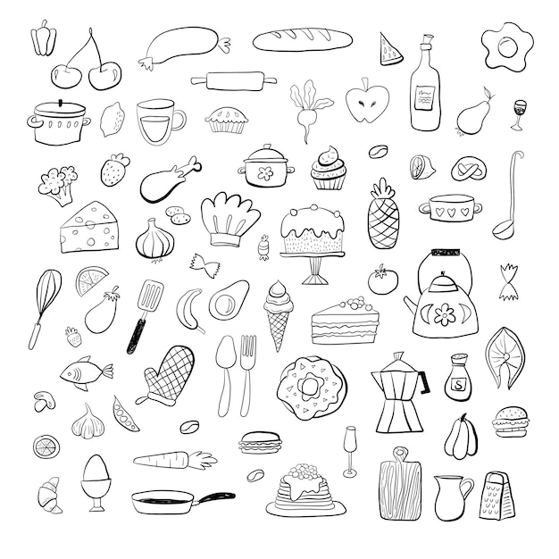 Food kitchen doodles hand drawn sketchy symbols