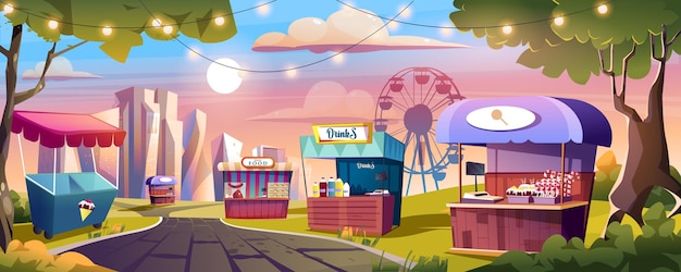 Food market and amusement park landing page Market stalls with ice cream sweets drinks