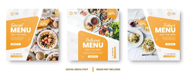 Food menu banner social media post. Editable social media templates for promotions on the Food menu. Set of social media story and post frames. Layout design for marketing on social media.