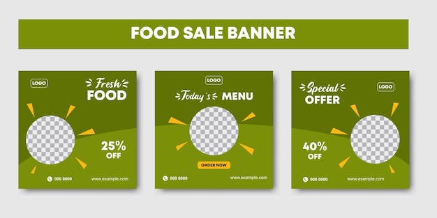 Food menu banner social media post Set of editable social media templates for promotions on the food menu Layout design background for digital marketing with green color Vector illustration