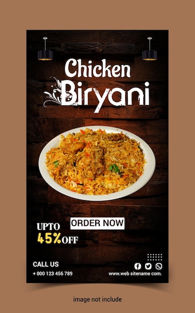 food menu and chicken biryani social media stories design template