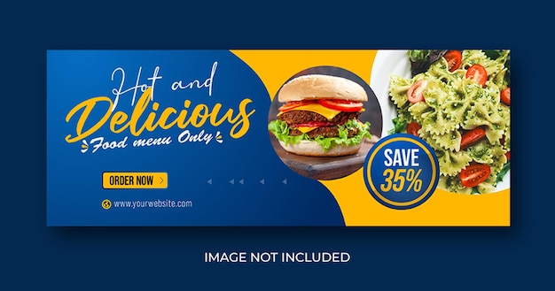 Food menu and delicious burger facebook cover banner template design premium vector