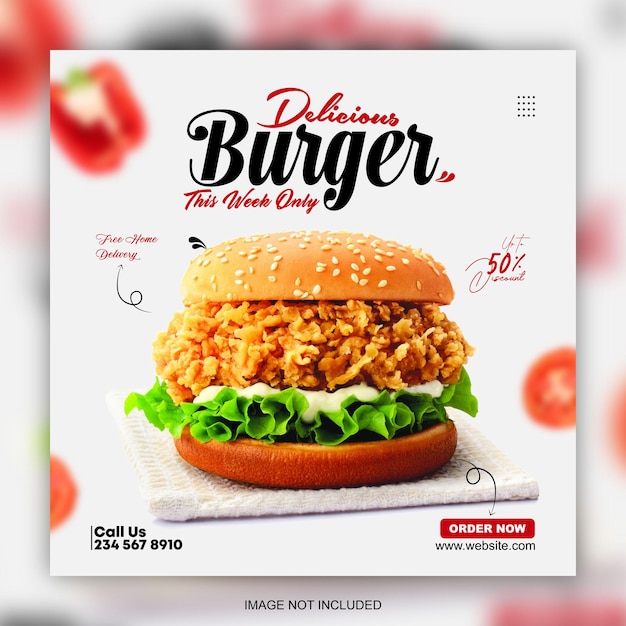 Food menu and delicious burger sale social media promotion banner template