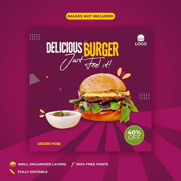 Food Menu Delicious Burger Social Media Post Template