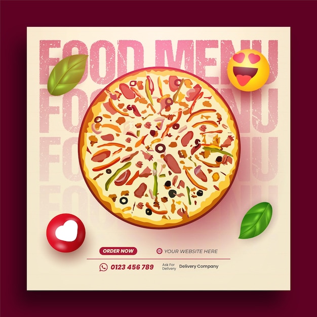 Vector food menu and delicious pizza social media design banner template