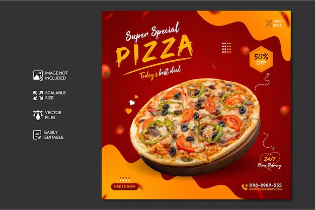 Food menu and delicious pizza social media post template