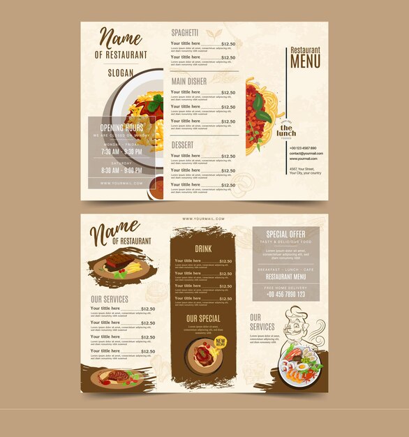 Food menu tri fold brochure template elegant flat classic