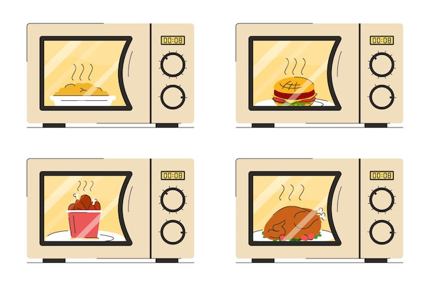 Vector food in microwave set vector isolated