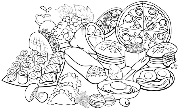 Food objects and dishes group cartoon coloring page