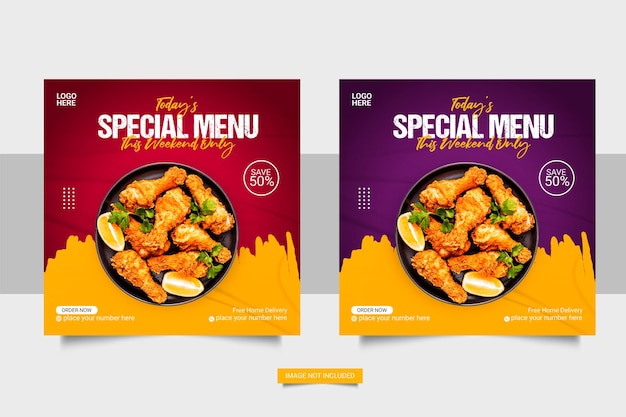 Food online promotion with mobile square banner and social media post for restaurant