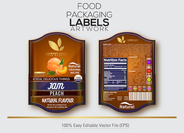 Vector food packaging label jam jar sticker design with peach