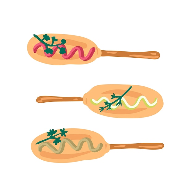 Food pattern with fried corndogs and greenery in flat style Perfect for Tshirt poster logo menu and print Hand drawn vector illustration for decor and design