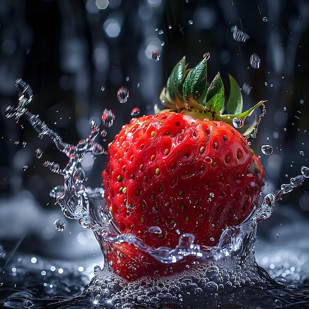 food photography for strawberry with water splash and use 100mm macro lens super detailed